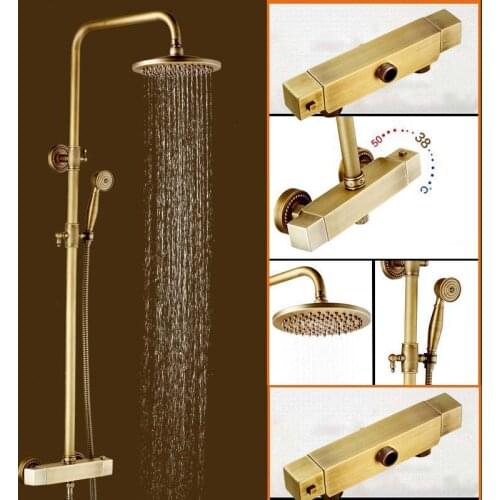 Bathroom Thermostat Shower Set Outdoor In-wall Shower Faucet Set Two Handle Antique Brass 8" Showerhead Thermostatic Mixer Valve