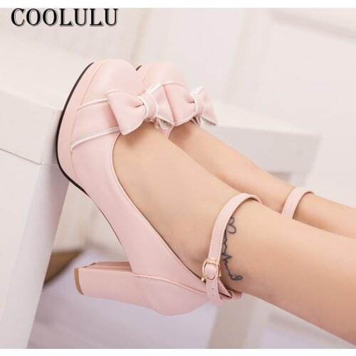 Lolita Shoes Pink Platform HIgh Heels Womens Pumps Block Heel Ankle Strap Cute Bow Shoes White Cosplay Ladies Office Shoes