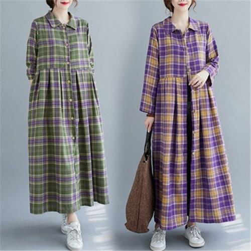 2021 Spring Autumn Fashion New Style Loose Lapel Single-Breasted Long-Sleeved Plaid Cotton And Linen Womens Windbreaker H091