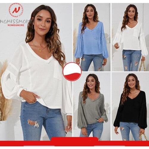 Fashion Women Solid Color T-Shirts Patchwork Design Pocket Decor V-Neck Long Lantern Sleeve Spring Autumn Casual Loose Top