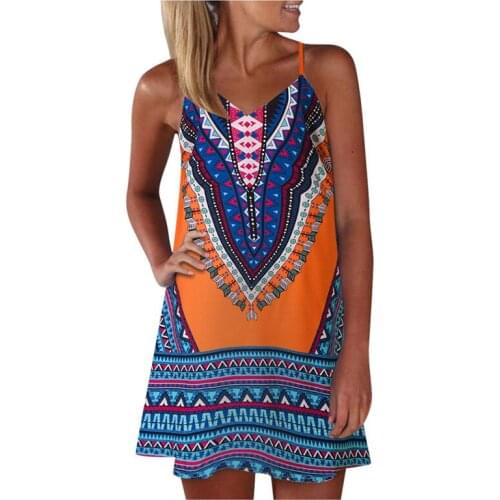 Ladies Summer Retro Ethnic Skirt Round Neck Sleeveless Hedging Suspender Short Skirt Casual Loose Sexy Ultra Short Dress