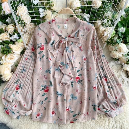 France Romantic Prints Big Lantern Sleeve Women Chiffon Blouse Top Retro Pleated Sleeve Shirt