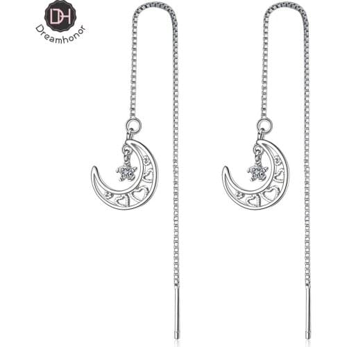 Dreamhonor 925 Sterling Silver Long Ear Line Earrings Temperament Simple Moon Zirconia Star Earrings Women Jewelry Wholesale
