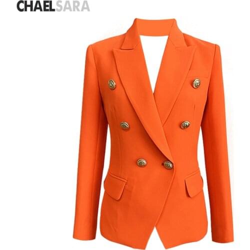 2019 New Runway Designer Career Blazer for Women Ladies Lion Buttons Double Breasted Blazer Jacket Neon Orange