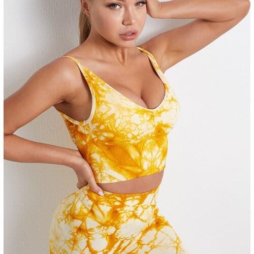 2Pcs Women Printed Tie Dye Sport Suit Gym Set Shockproof Gathered Gym Wear 2021 Sexy Seamless Yoga Sets Workout Running Clothing