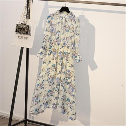 2021 Spring Autumn 4XLWomens Dress Plus Size Office Ladies Elegant Fashion Long Sleeve Print Chiffon dresses for women vestido