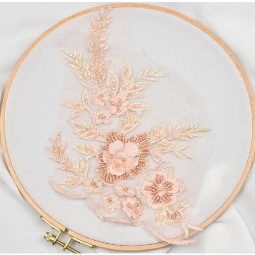 1 Piece 27*17cm Embroidered Stereo Lace Flowers Trim Nail Beaded Lace Applique For DIY Sewing Wedding Dress