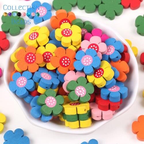 100pcs Natural Wooden Colorful Flowers Beads Loose Spacer Beads For DIY Bracelet Jewelry Making Handmade Accessories 20x20mm