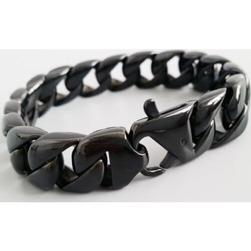 15mm Mens Punk Black 316L Stainless Steel Round Curb Cuban Link Chain Bracelets Male Jewelry Hot Gift for Men 7-10 inch