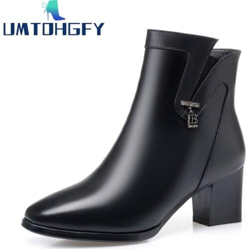 REVT Square head Autumn winter genuel leather wool cotton shoes mid-heel womens leather boots thick heel plus velvet warm boots