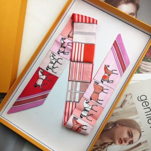 88cm Bright Luxury 2019 Spring Summer New Pattern Horse Print Lady Silk Riband Bags Scarf Small Ribbon Hair Band Bandeaus