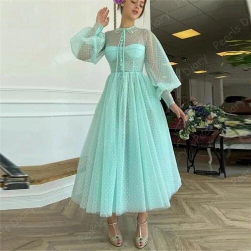 Turquoise Green Dotted Tulle Tea Length Prom Dresses With Buttoned Robes De Top O-Neck Long Puff Sleeves Homecoming Party Dress