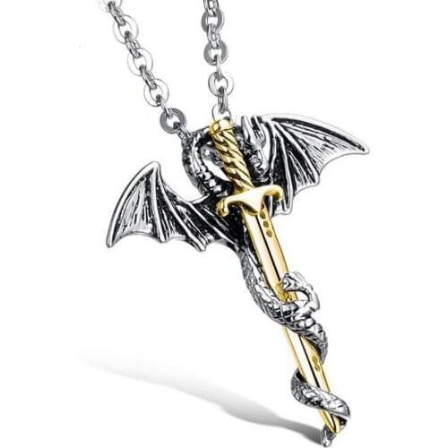 Stainless Steel Flying Sword Dragon Pendant Necklace Fashion Jewelry Punk Rock Gift For Him with Chain