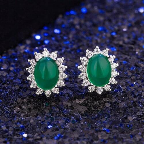 DAIWUJAN Luxury Crystal Vintage Green Agate Women Stud Earrings Silver 925 Jewelry Oval Gemstone Earrings Party Engagement Gifts