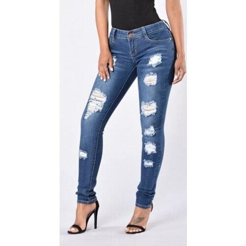 CFYH Blue Mid Waist Pencil Ripped Jeans Woman Stretch Skinny Vintage Denim Pants Boyfriend Elastic Trousers Female