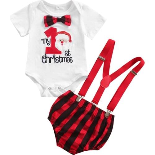 FOCUSNORM 2pcs Baby Boys Christmas Gentleman Clothes Set 0-24M Letter Santa Printed Short Sleeve Romper Plaid Overalls Shorts