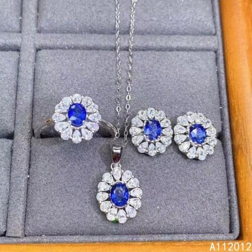 KJJEAXCMY fine Jewelry 925 sterling silver inlaid natural sapphire luxury pendant ring earring set support test Chinese style