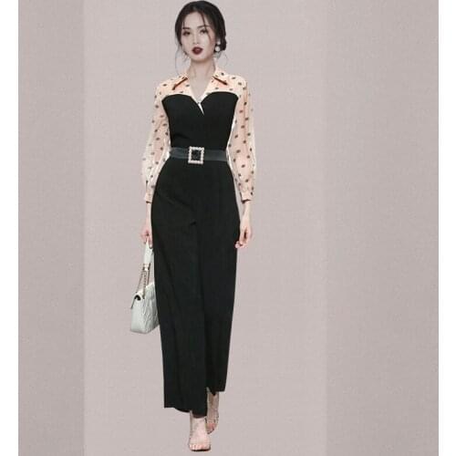 Korean 2021 Autumn Women High Waist Jumpsuits Ladies Lapel Splicing Slim Wide Legs Romper Simple Formal Work Wear Playsuits