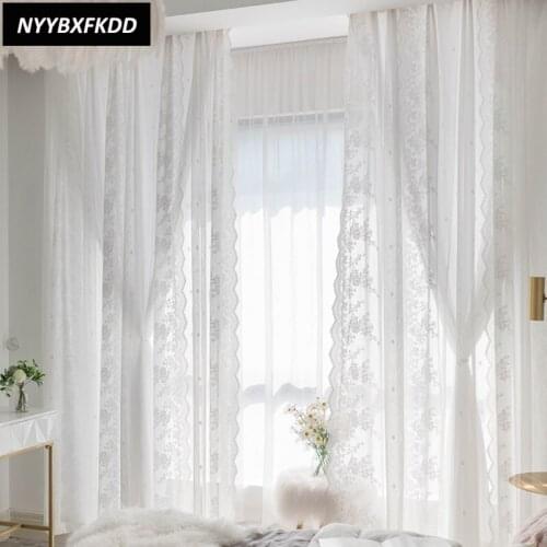Korean Curtains for Living Dining Room Bedroom Idyllic White Lace Balcony Bay Window American Country Jacquard Tulle Curtains