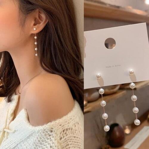 Kpop Trendy Fairy Simulated Pearl Women Long Earrings White Round Pearl Wedding Pendant Earrings Korean Fashion Jewelry Earrings