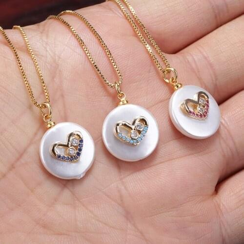 Tiny white blue purple cz crystal beads paved heart love charm white pearl pendant necklace 18 inches choker woman daily jewelry