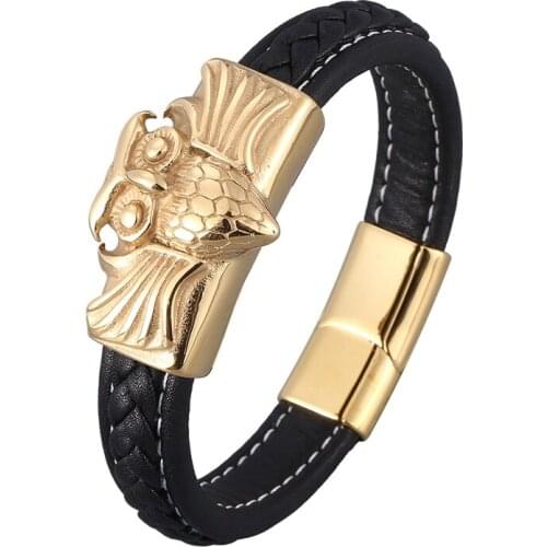Trendy Men Jewelry Black Braided Leather Wristband Owl Bracelet Gold Stainless Steel Magnetic Buckle Punk Men Wrist Band PD0923
