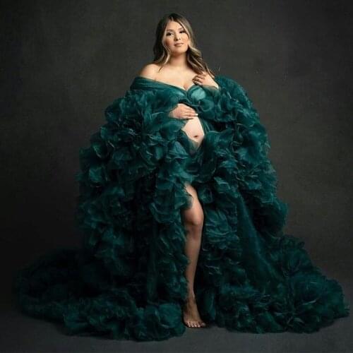 Puffy Green Pregnant Women Shawl Dress Sexy Photograph Robes Sleepwear Ruffles Long Robe Tiered Gown Bathrobe Nightdress Femme