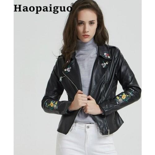 Hot Sale Embroidered Floral Motorcycle PU Leather Jacket Women Modis Coat Zipper Outerwear Jacket Coat Winter Autumn 2019 Clothe