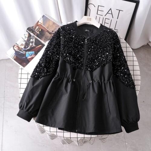 Luxury High Quality Round Neck Stitching Sequined Zipper Drawstring Loose Coat Womens Clothing 2021 Autumn Jacket Outerwear