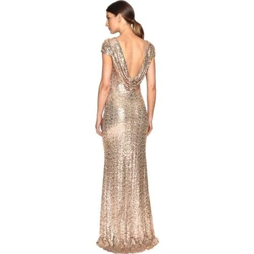Rose Gold Cheap Mermaid Dresses Short Sleeves Backless Long Beach Sequins Wedding Party Maid of Honor Dress