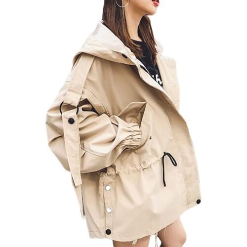 New Plus size Women Trench coat Spring Autumn Loose Hooded Casual Windbreaker Coats Womens Beige Top Overcoats Tide 4XL A1110