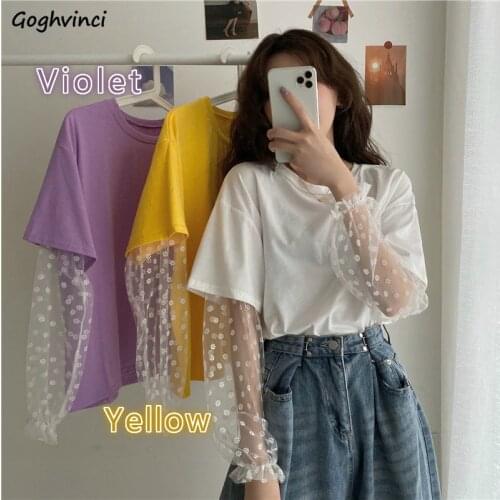 Short Sleeve T-shirts Women Solid Elegant Mesh Floral Fake Two Pieces Leisure Simple Sweet All-match Loose Womens Stylish Tshirt