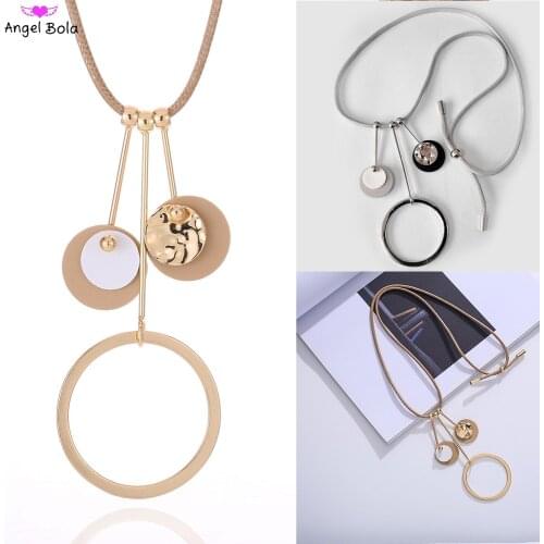 Womens Fashion Long Sweater Chain Round Zinc Alloy Pendant Necklace Gold Long Rope Chain Neck Jewelry Decoration Accessories