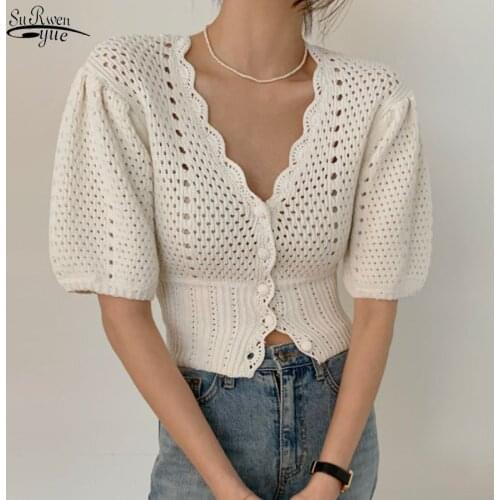 Korean Hollow Out White Women Shirt Summer Blouse Women 2021 New Short Sleeve Button Loose Shirt Solid Female Knitted Top 15034