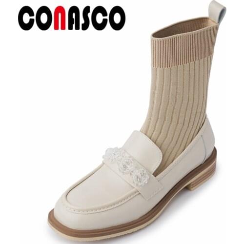CONASCO New Arrival Women Ankle Boots Autumn Winter Warm Cow Leather Wedding Party Basic Prom Boots Classic Sweet Design Woman