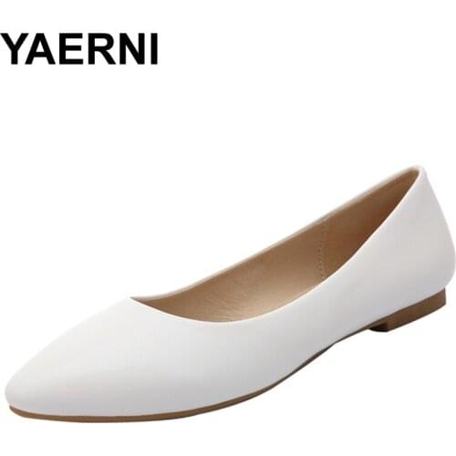 YAERNI Women Shoes Flat New Leather Platform Heels Shoes White Women Pointed Toe Leather Girl Shoes Plus Size 41