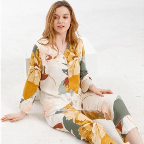 Women Flower Print 2PCS Satin Sleep Suit Spring Autumn New V-Neck Nightwear Full Sleeve Pant Sleepwear Casual Home Pajamas