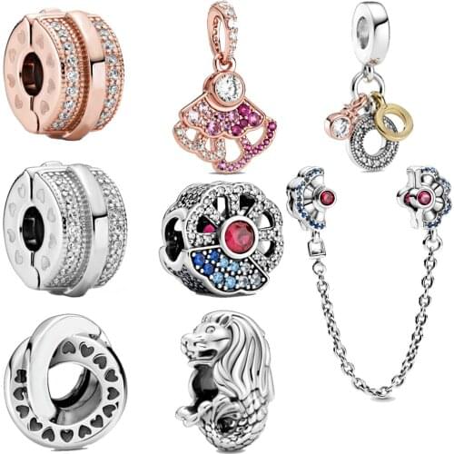 925 Sterling Silver China Exclusive Blue & Pink Fan Charm Bead Fit Women Pan Bracelet & Necklace Jewelry