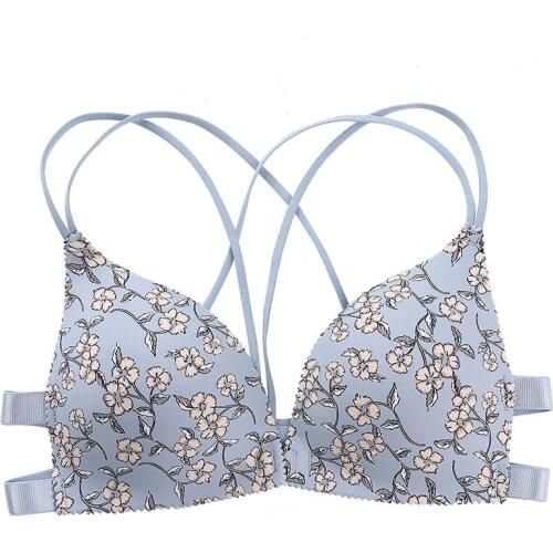 Women Flower Printed Bras Cross Beauty Back Front Buckle Wireless Bralette Female Sexy Lingerie Comfort Push Up Bras