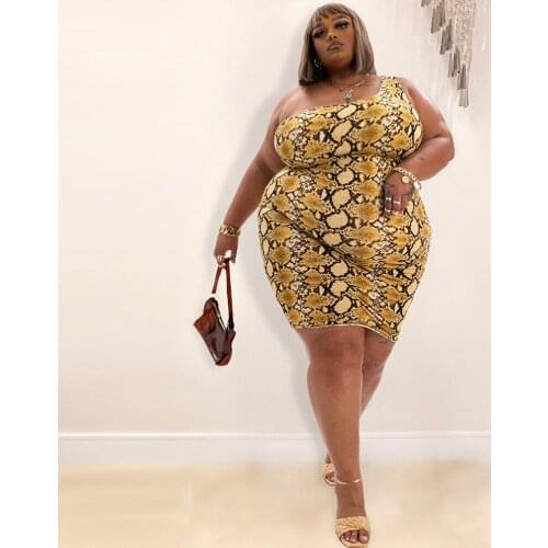 XL-5XL Large Size Snake Skin Print Bodycon Dress Women Inclined Shoulder Sleeveless Mini Dress Office Lady Backless Beach Dress