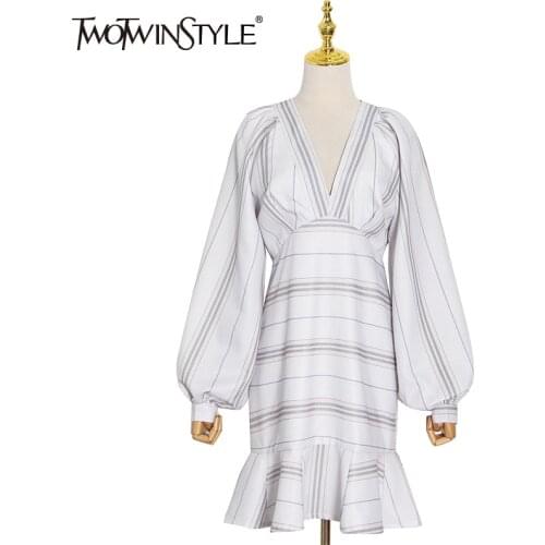 TWOTWINSTYLE Striped Elegant Dress For Female V Neck Lantern Sleeve High Waist Vintage Dresses Women 2020 Autumn New Fashion