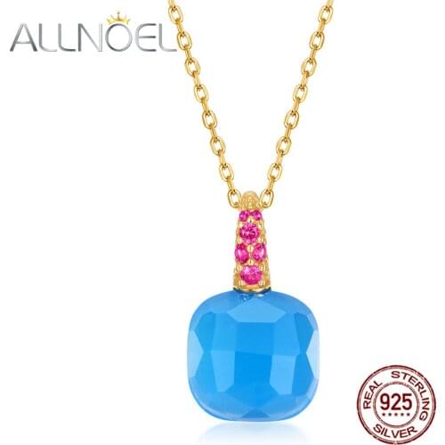 ALLNOEL Solid 925 Sterling Silver Necklace For Women Blue Agate Corundum Necklace Pendant Candy Series Wedding Christmas Gift