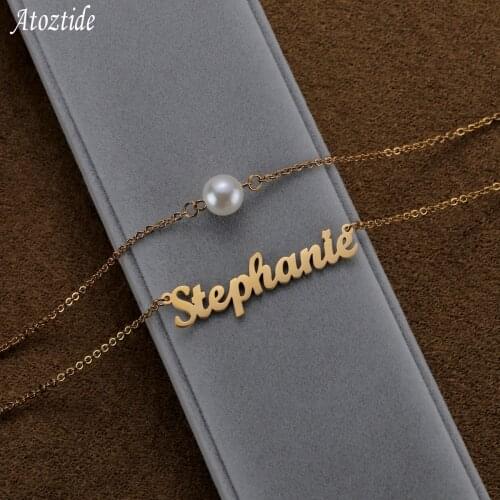 Customized Fashion Stainless Steel Name Necklace Personalized Letter Double Layers Pearl Chain Pendant Nameplate for Women Gift