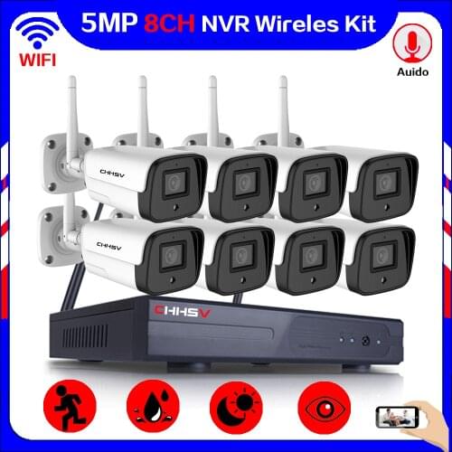 CHHSV 5MP CCTV Video Kit Wireless Security Camera Kit H.265 8CH NVR Night Vision Outdoor Wifi Surveillance Camera System