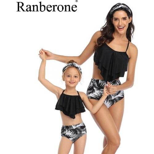 2 Piece Swimwear Suit Parent-Child Swimwear Women Sexy Swimsuit Fused Girls Matching Bathing Suit Mesh Splice Bikini Transparent