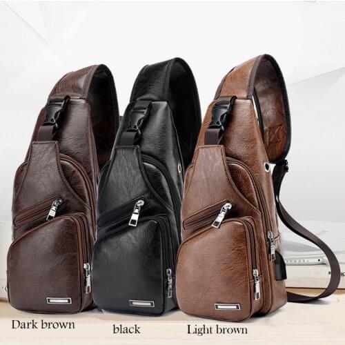 Puimentiua Men Shoulder Sling Bags Vintage Pu Leather USB Crossbody Bags Male Anti Theft Chest Bag Business Messengers Bag