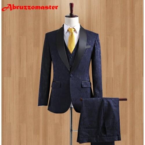 Latest Coat Pant Designs Shawl Slim Fit Prom Mens Suit With Pants Navy Blue Floral Jacquard Wedding Suits for Men 3 Pieces Set