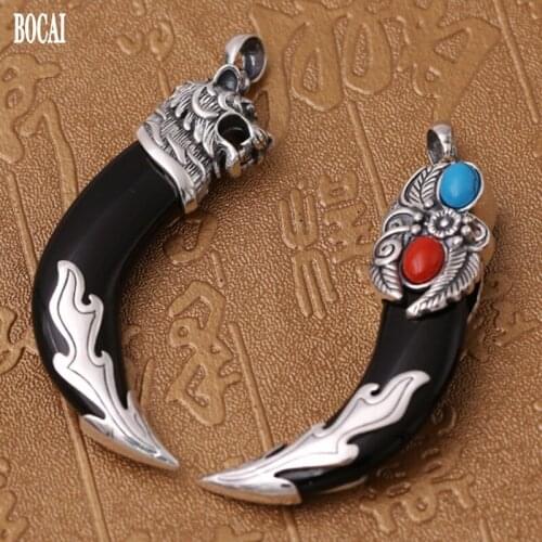 New S990 pure silver fashion jewelry personalized men pendant Thai silver crafts wolf teeth inlaid agate / turquoise pendant