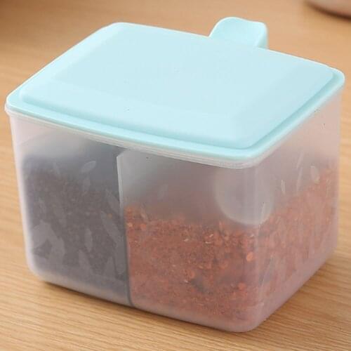Plastic 2 Grids Split Seasoning Container Pepper Salt Boxes With Lid Spoon Condiment Jars Spice Cases Saltcellars Kitchen Tools