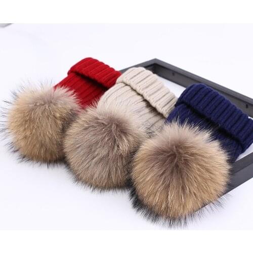 Real Raccoon Fur Pompons Beanie Childrens Thicken Warm Winter Hat Womens Beanie Hat Crocheted Knitted Hat